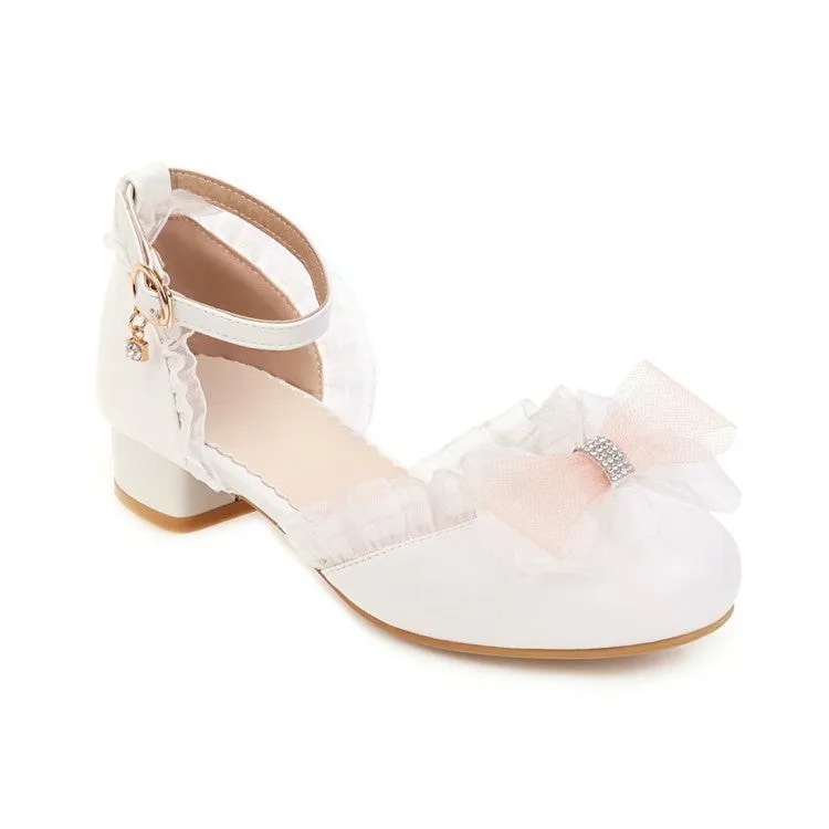 Women's Lolita Round Toe Lace Butterfly Knot Hollow Out Low Block Heels Sandals Wedge Platform Sandals