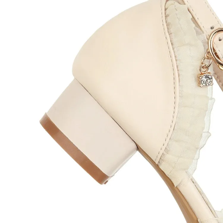 Roxy Sandals Women's Lolita Round Toe Lace Butterfly Knot Hollow Out Low Block Heels Sandals