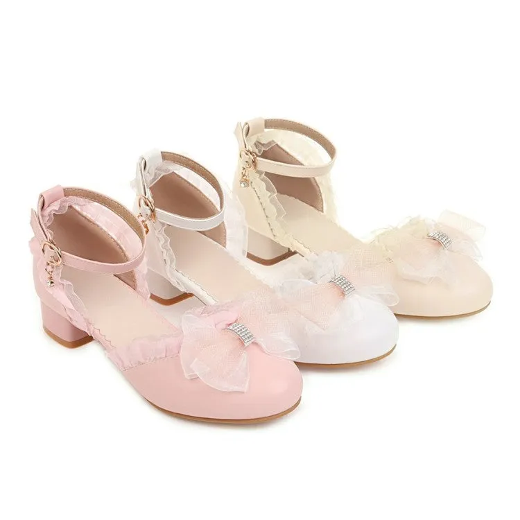 Women's Lolita Round Toe Lace Butterfly Knot Hollow Out Low Block Heels Sandals Best Sandals For Walking All Day