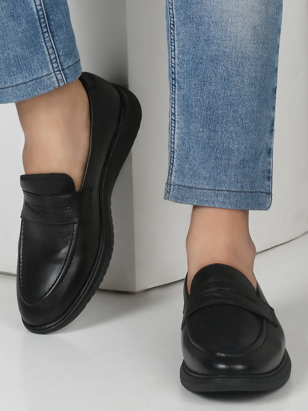 Men's Black Croco Texture Leather Loafers Quechua Casual Shoes