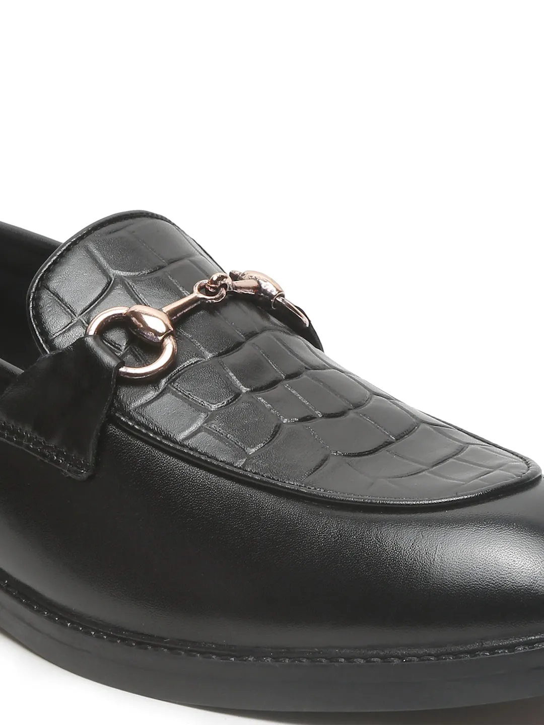 Casual Stylish Walking Shoes Men's Black Croco Texture Leather Loafers