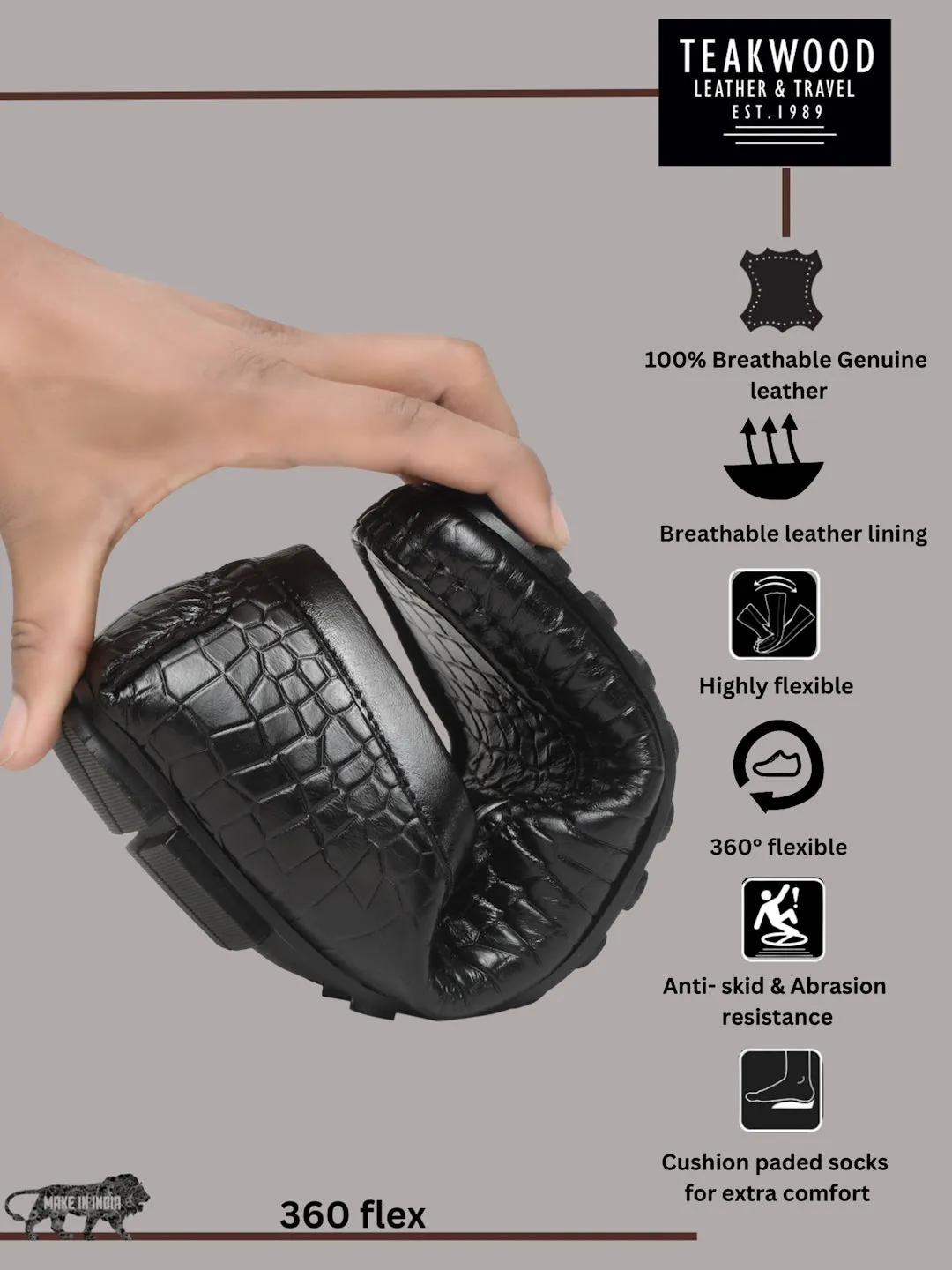 Top Casual Shoe Men's Black Texture Leather Flexi 360 Loafers