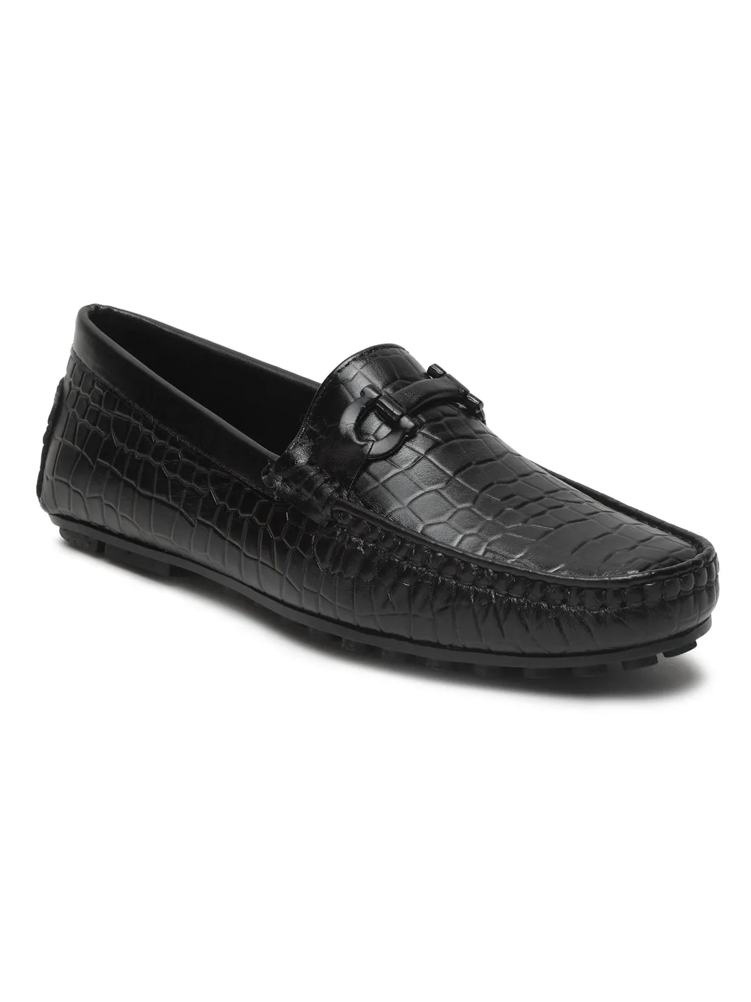 Men's Black Texture Leather Flexi 360 Loafers Casual Driver Shoes
