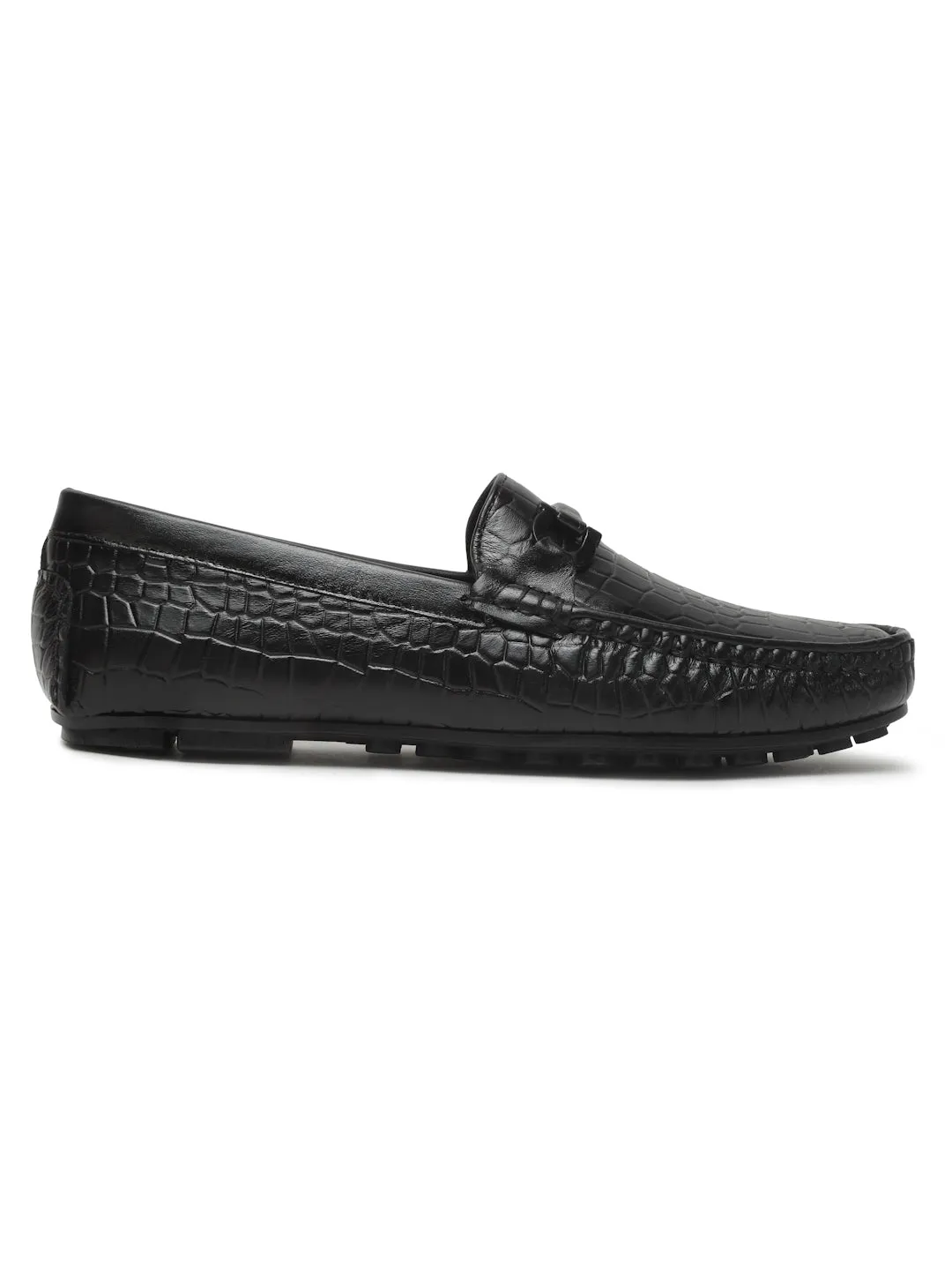 Men's Black Texture Leather Flexi 360 Loafers High End Casual Shoes