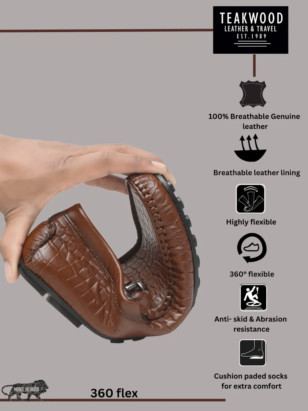 Brown Shoes Casual Men's Brown Texture Leather Flexi 360 Loafers