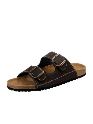 Men's Double Slide Leather Sandals,Black Cosy Knit Slippers