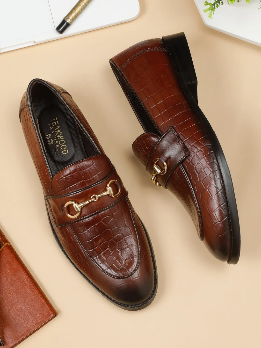 Men's Tan Texture Leather Slip-on shoes Hilfiger Slip On Shoes