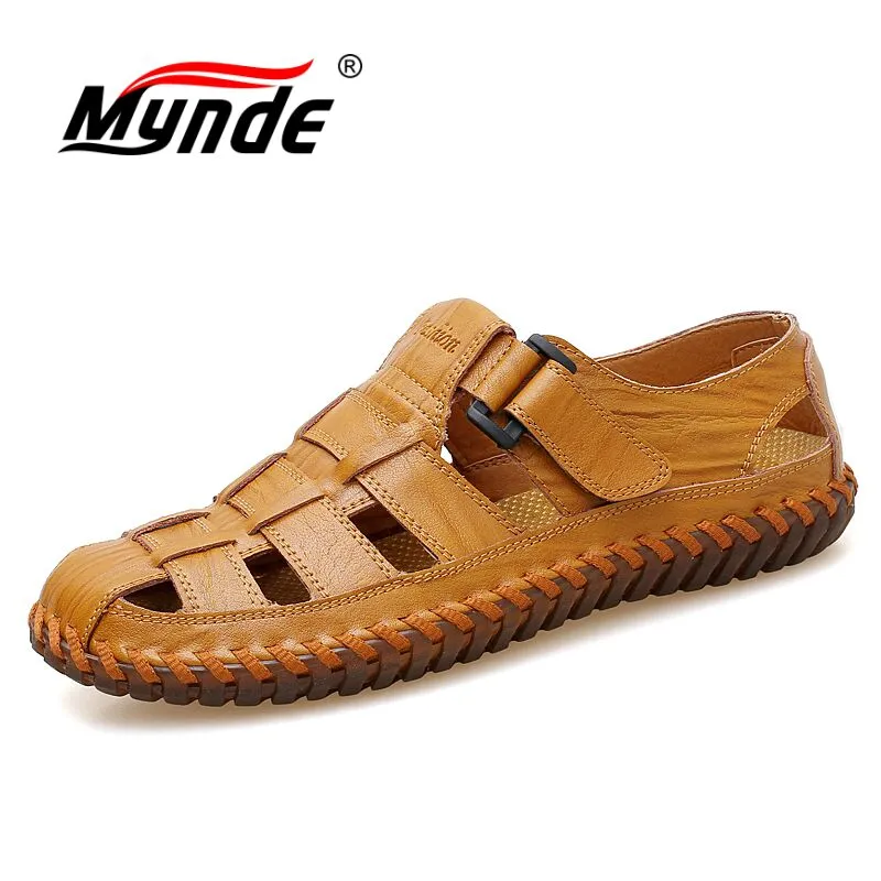 MYNDE Men Cow Leather Sandals Outdoor 2019 Summer Handmade Men Shoes Men Breathable Casual Shoes Footwear Walking Sandals Mt Sandals