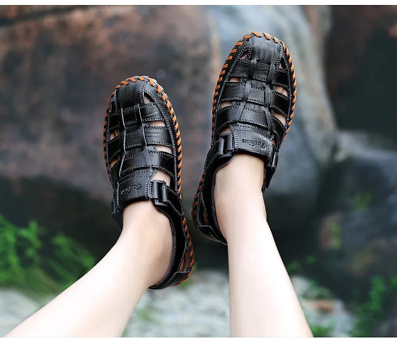 Slip Ins Sandals MYNDE Men Cow Leather Sandals Outdoor 2019 Summer Handmade Men Shoes Men Breathable Casual Shoes Footwear Walking Sandals