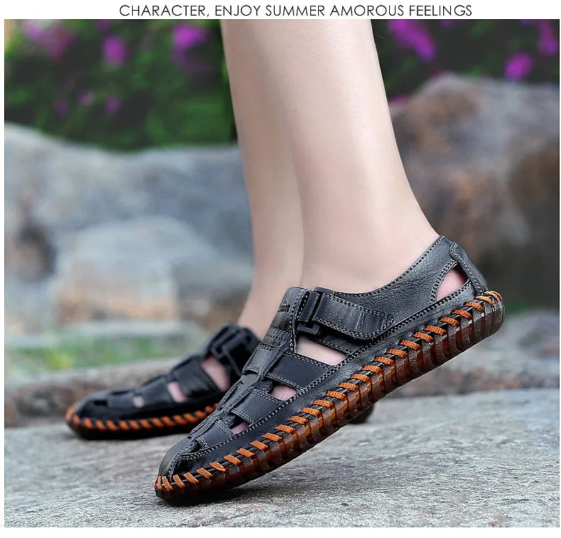 MYNDE Men Cow Leather Sandals Outdoor 2019 Summer Handmade Men Shoes Men Breathable Casual Shoes Footwear Walking Sandals Whisper Sandals