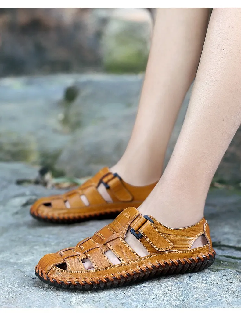 MYNDE Men Cow Leather Sandals Outdoor 2019 Summer Handmade Men Shoes Men Breathable Casual Shoes Footwear Walking Sandals High Heel Slide Sandals