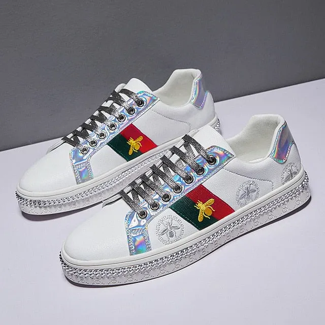 New Fashion Bee Embroidery Golden Mens Shoes Casual Outdoor Low Flats Men Casual Shoes Couple Glitter Sneakers zapatos de hombre Casual Tactical Shoes