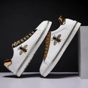 New Fashion Bee Embroidery Golden Mens Shoes Casual Outdoor Low Flats Men Casual Shoes Couple Glitter Sneakers zapatos de hombre Casual Golf.shoes