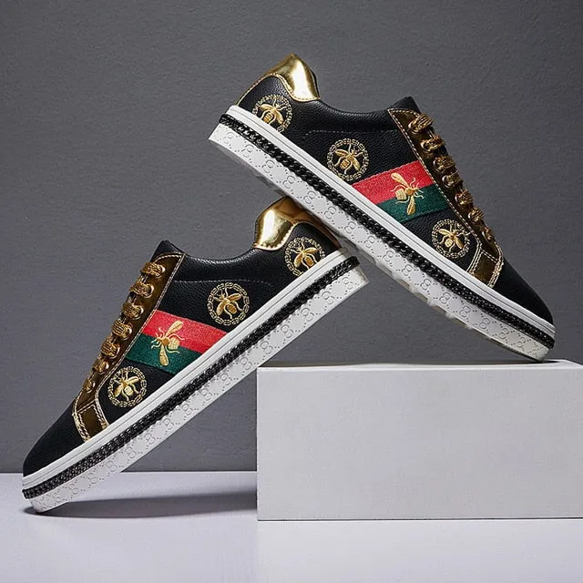 Rally Flux Casual Shoes New Fashion Bee Embroidery Golden Mens Shoes Casual Outdoor Low Flats Men Casual Shoes Couple Glitter Sneakers zapatos de hombre