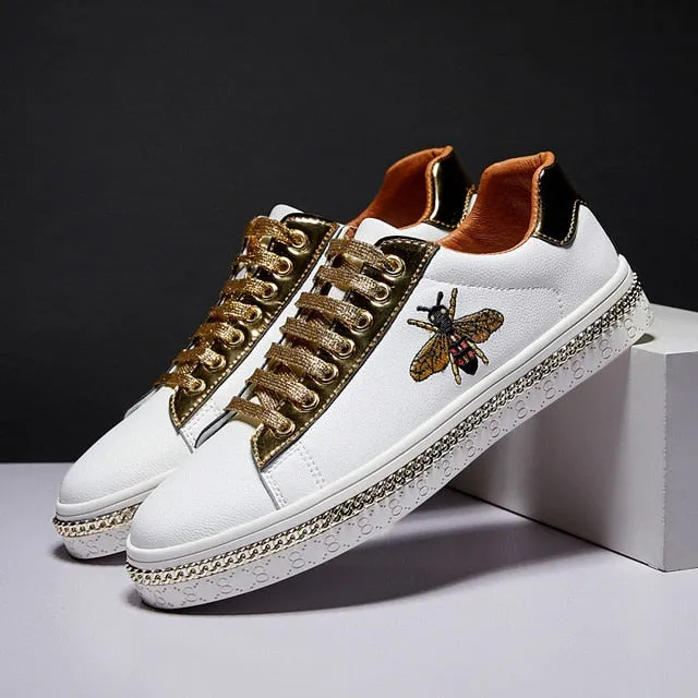New Fashion Bee Embroidery Golden Mens Shoes Casual Outdoor Low Flats Men Casual Shoes Couple Glitter Sneakers zapatos de hombre Shoes To Wear With Dresses Casual