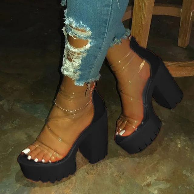 Night Club Party Platform Chunky Heel Sandals Summer Plus Size Shoes Transparent Gladiator Heel Sandals  Shoes Women Best Walking Sandals
