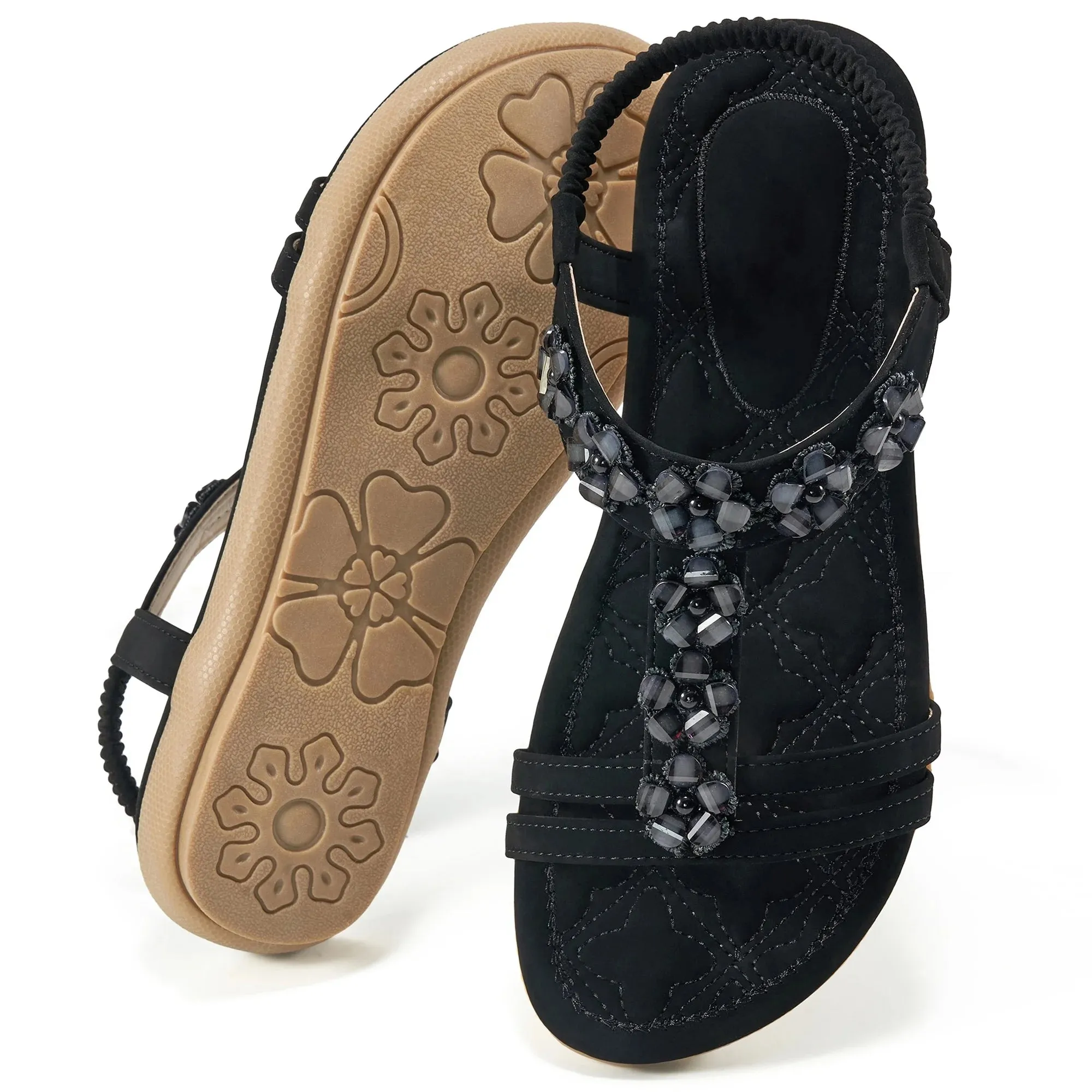 Harenc Womens Flats Sandals for Women Casual Summer Beaded Bohemian Comfortable Beach Shoes Active Best Casual Shoes