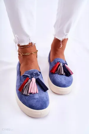 Women's Blue Jeans Loafers with Decorative Tassels | CU215 Leather Wingtip Oxfords