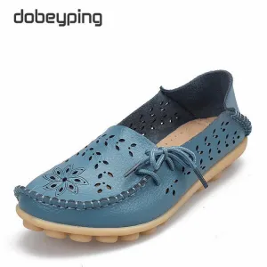 Women's Casual Shoes Genuine Leather Woman Loafers Slip-On Female Flats Moccasins Ladies Driving Shoe Cut-Outs Mother Footwear Gh Bass Penny Loafers