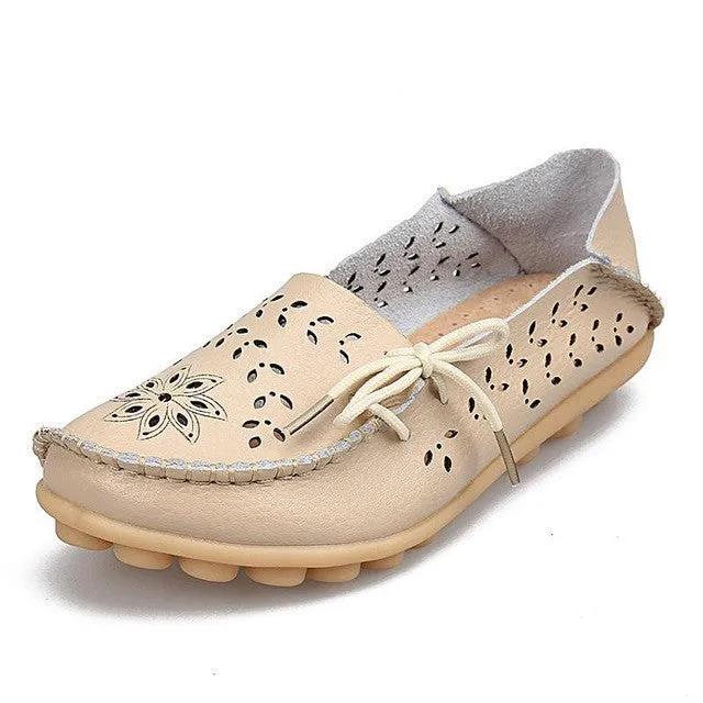 Women's Casual Shoes Genuine Leather Woman Loafers Slip-On Female Flats Moccasins Ladies Driving Shoe Cut-Outs Mother Footwear Logo Loafers