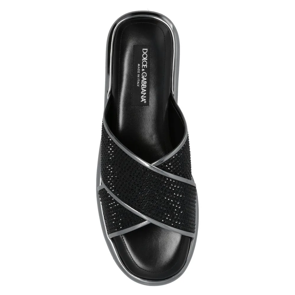 Dolce & Gabbana Black Leather Di Capra Sandal Slip-on Sandals