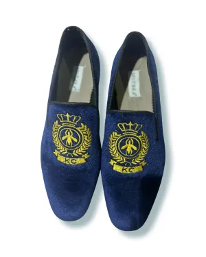 Customised Loafers with initials Embroidered Velvet Loafers | Navy Fake Fur Slides