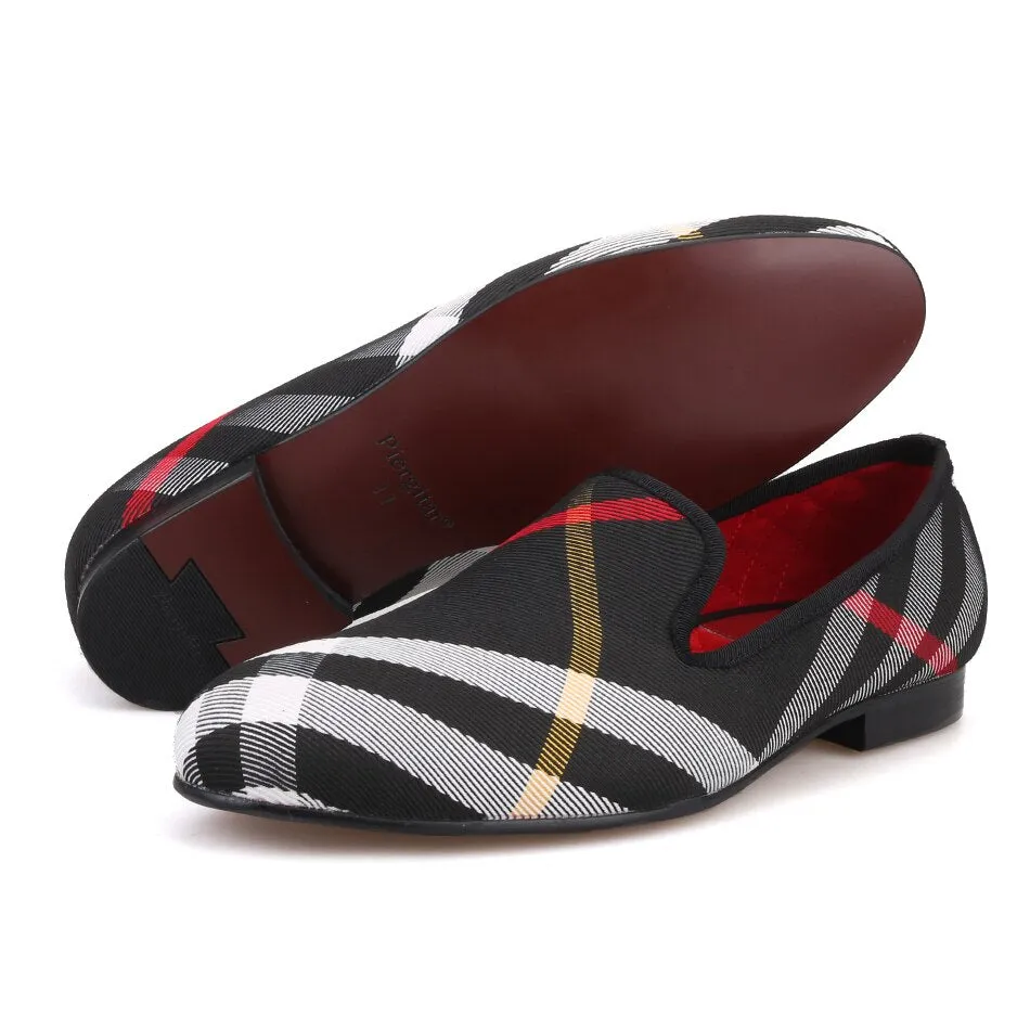 Blue and white plaid canvas shoes luxurious brand men loafers flats Riali Loafers