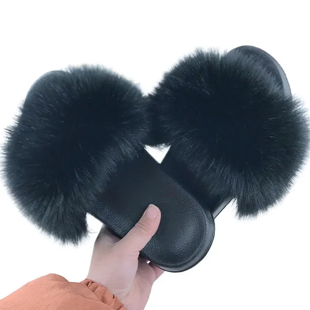 Plus Size Flat Shoes Puimentiua Summer Fluffy Fur Slippers Shoes Women Real Flip Flop Flat Slides Outdoor Sandals Ladies Amazing Shoes 2020