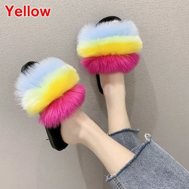 Flat Shoe Molding Puimentiua Summer Fluffy Fur Slippers Shoes Women Real Flip Flop Flat Slides Outdoor Sandals Ladies Amazing Shoes 2020