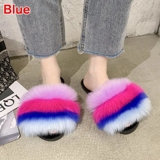Puimentiua Summer Fluffy Fur Slippers Shoes Women Real Flip Flop Flat Slides Outdoor Sandals Ladies Amazing Shoes 2020 Shoe Orthotics For Flat Feet