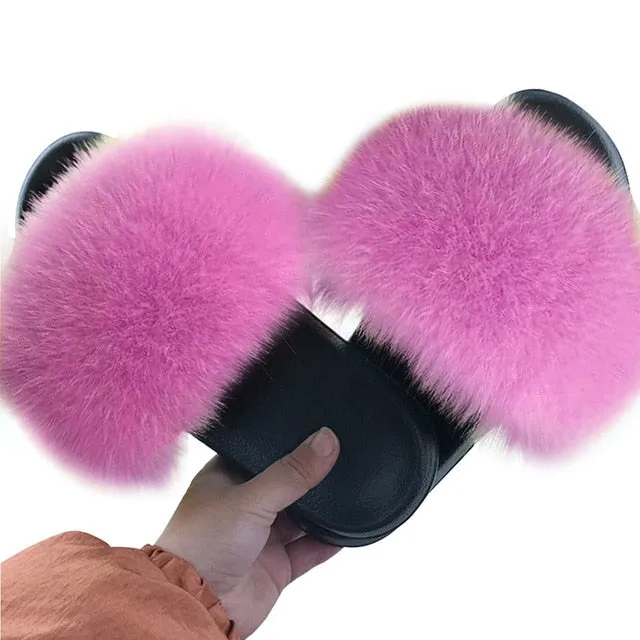 Flat Shoes Wedding Puimentiua Summer Fluffy Fur Slippers Shoes Women Real Flip Flop Flat Slides Outdoor Sandals Ladies Amazing Shoes 2020