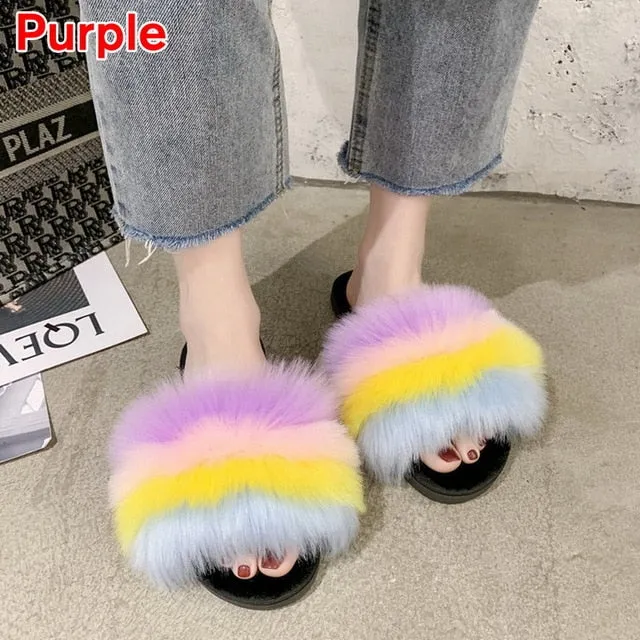 Puimentiua Summer Fluffy Fur Slippers Shoes Women Real Flip Flop Flat Slides Outdoor Sandals Ladies Amazing Shoes 2020 Silver Flat Shoes