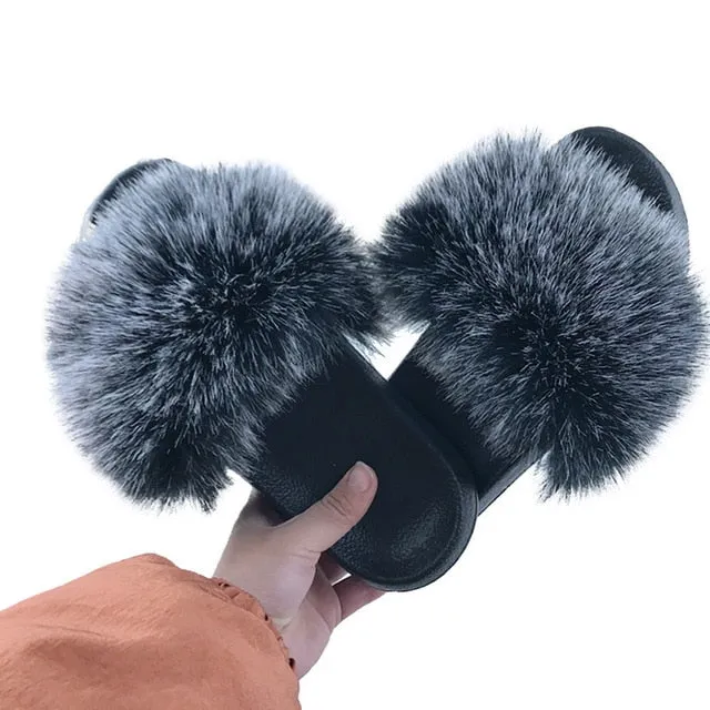 Puimentiua Summer Fluffy Fur Slippers Shoes Women Real Flip Flop Flat Slides Outdoor Sandals Ladies Amazing Shoes 2020 Comfortable Shoe