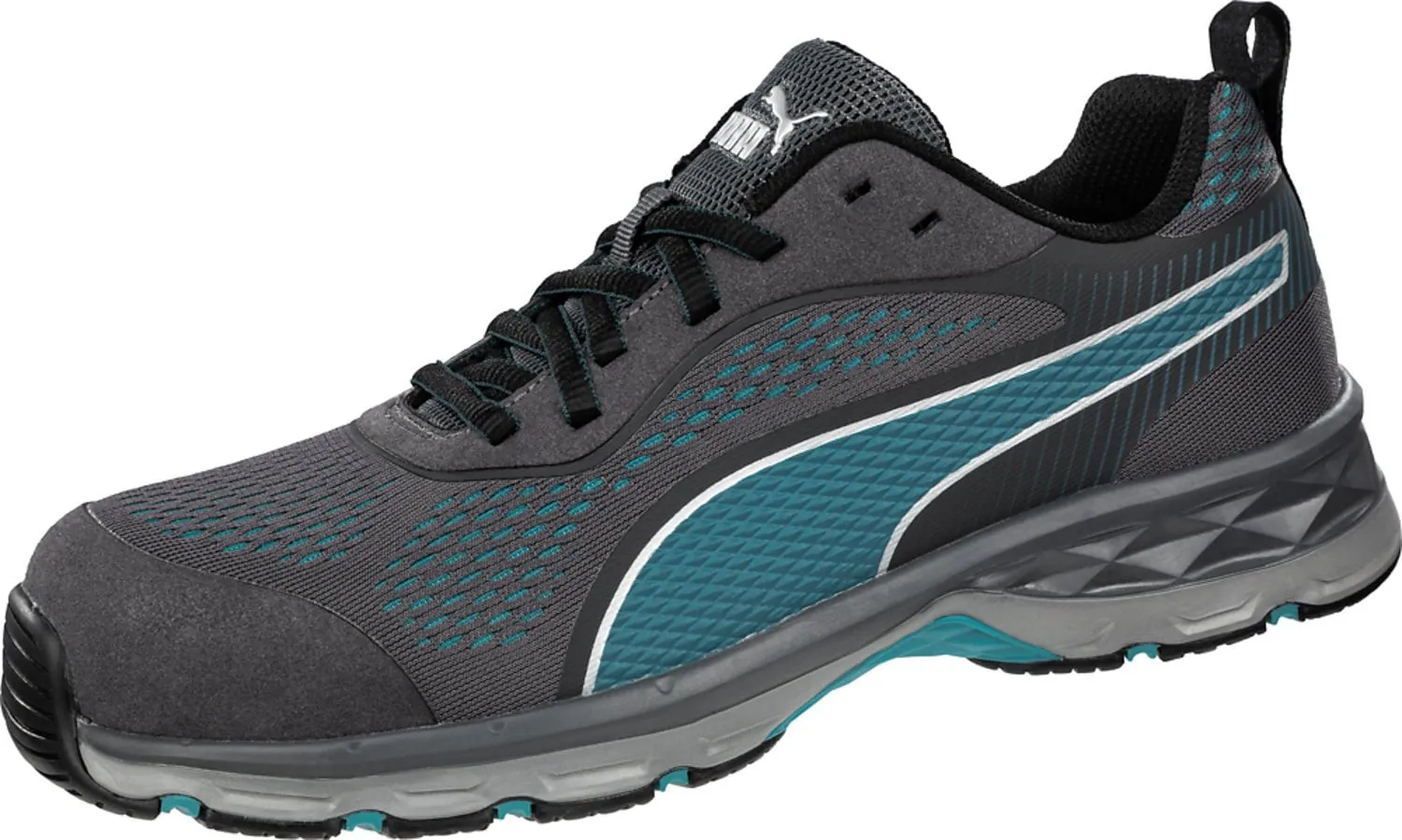 Puma Safety Grey/Aqua Womens Leather Fuse Knit 2.0 CT Oxford Work Shoes Asics Wushu Shoes
