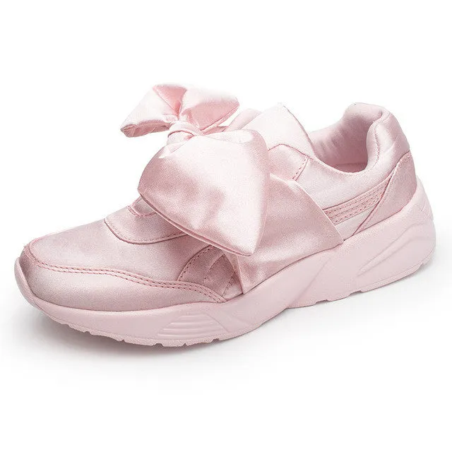 KUYUPP Fashion Women Trainers Breathable Silk Sport Casual Shoes Flat Heels Runner Shoes Sweet Bowtie Ladies Shoes Woman ZD129 Flat Shoes And Foot Pain