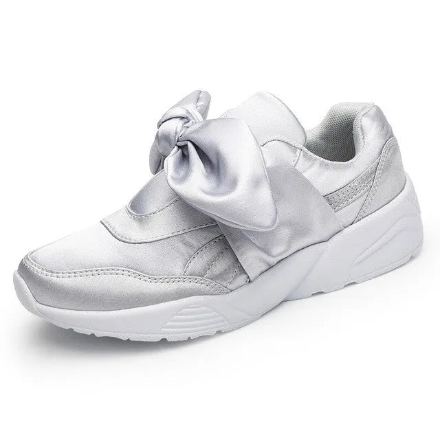 KUYUPP Fashion Women Trainers Breathable Silk Sport Casual Shoes Flat Heels Runner Shoes Sweet Bowtie Ladies Shoes Woman ZD129 Abella Shoes Flats
