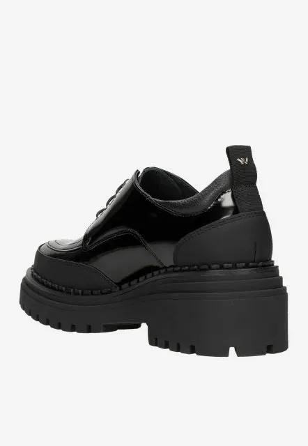 Wojas Black Lace-Up Patent Leather Wedge Loafers  | 4619371 Oxfords