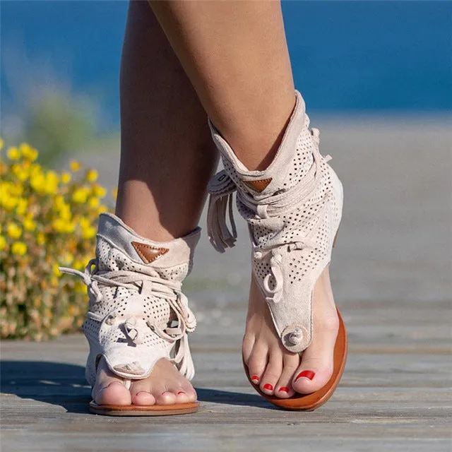 2020 New Gladiator Sandals Women Summer Fringe Flower Wedges Shoes High Quality Roman Sandals Beach Clip Toe Flip Flop Sandals Flat Sole Casual Shoes