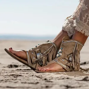2020 New Gladiator Sandals Women Summer Fringe Flower Wedges Shoes High Quality Roman Sandals Beach Clip Toe Flip Flop Sandals Flat Shoe Square Shoe Molding