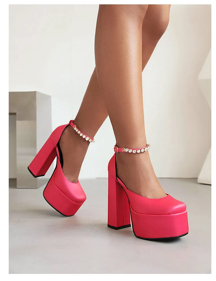 Women's Solid Color Round Toe Chunky Heel Ankle Strap Rhinestone High Heels Platform Sandals Aldo Sandals Heels