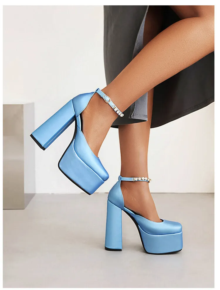 Sandals Nail Spa Sylvania Women's Solid Color Round Toe Chunky Heel Ankle Strap Rhinestone High Heels Platform Sandals