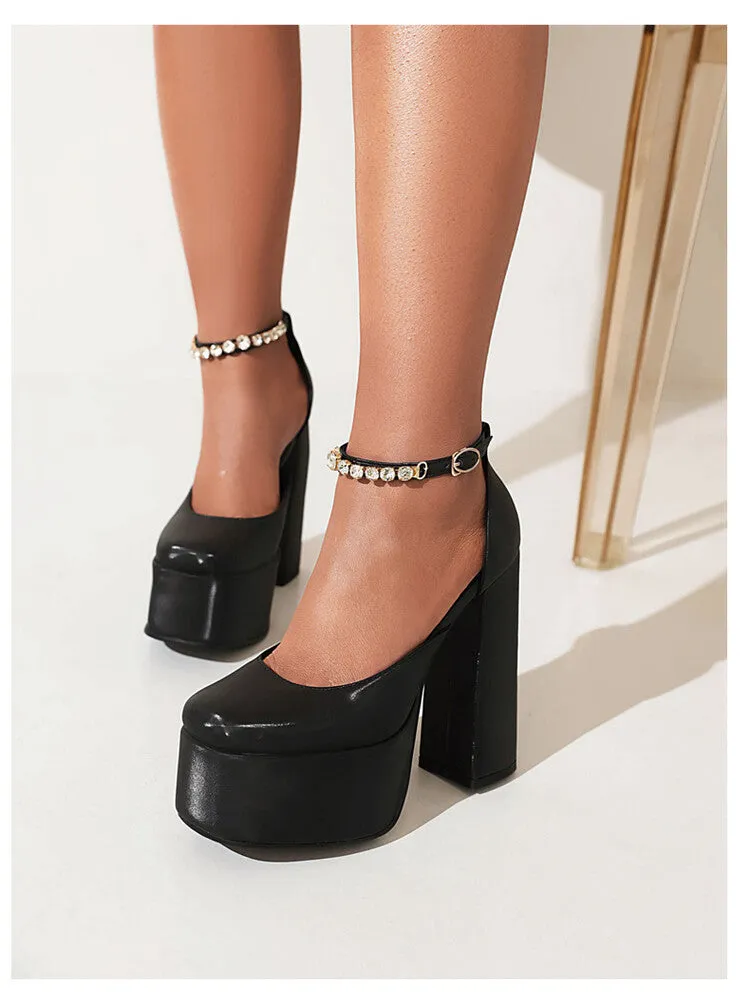 Women's Solid Color Round Toe Chunky Heel Ankle Strap Rhinestone High Heels Platform Sandals Comfiest Sandals For Walking