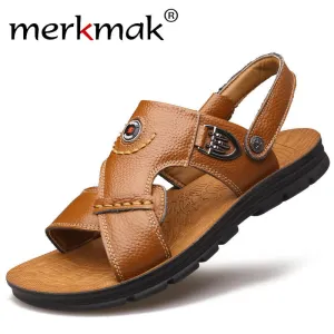 Merkmak Luxury Men Sandals Genuine Leather Fashion Summer Mens Slippers Breathable Men's Sandals Causal Shoes Leather Flat Shoes Flip Flops To Sandals
