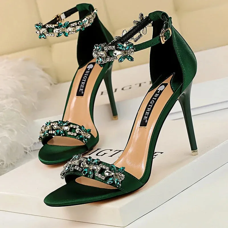 Bare Sandals Shoes Open Toe Rhinestones Sandals Women High Heels Sandals Female Shoes Heeled Sandals