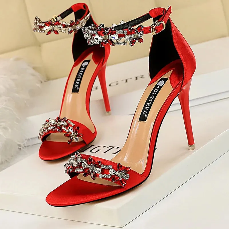 Wrap Around Sandals Shoes Open Toe Rhinestones Sandals Women High Heels Sandals Female Shoes Heeled Sandals
