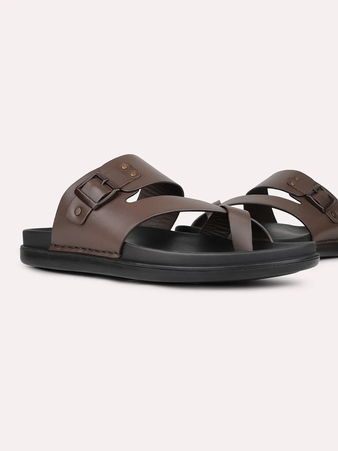 Mens Brown Solid Round Toe Casual Sandals Israeli Sandals