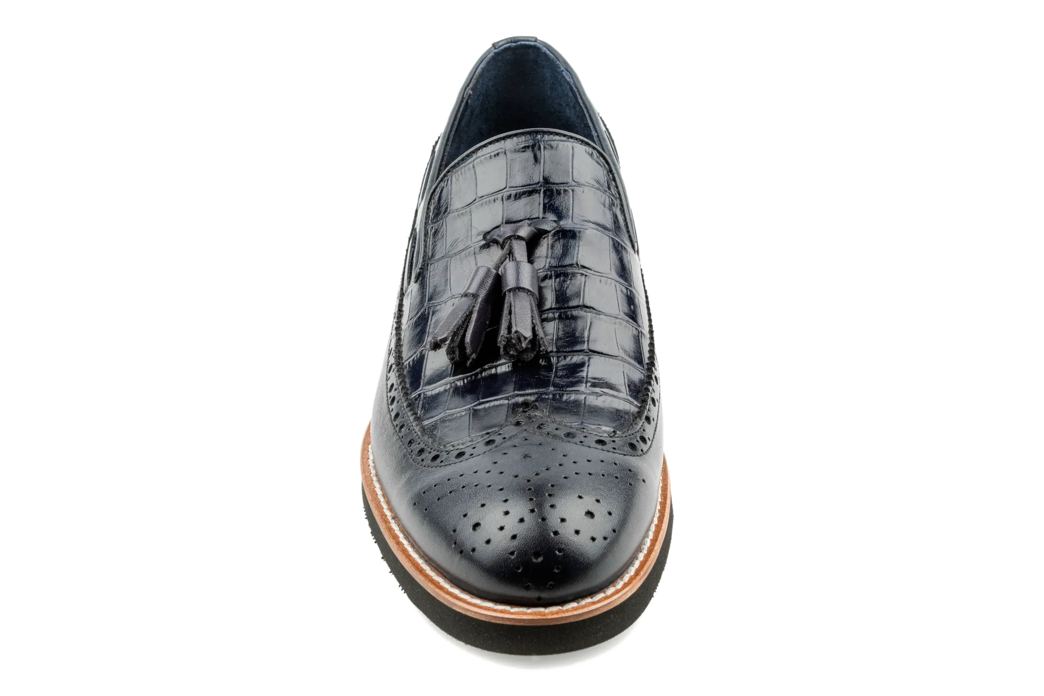 Loafers Tux Debbano Kea Alligator Pattern Embossed and Brogue Top Grain Leather Tassel Loafers, Longwing Black Leather Tassel Loafers, Comfortable Loafers