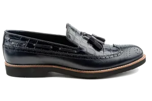Debbano Kea Alligator Pattern Embossed and Brogue Top Grain Leather Tassel Loafers, Longwing Black Leather Tassel Loafers, Comfortable Loafers Driving Moccasins Loafers