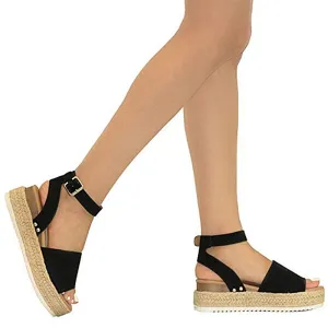 Women Fashion Hoes Sandals Summer Dull Polish Sewing Peep Toe Wedges Hasp Sandals Flatform Sandals 40- 43 Mule Sandals