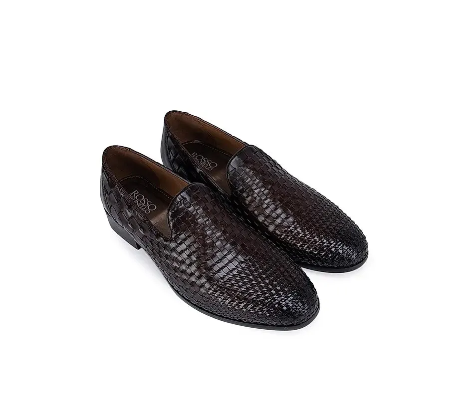 Coffee Woven Pattern Loafers Snaffle Smooth Leather Kiltie Loafers